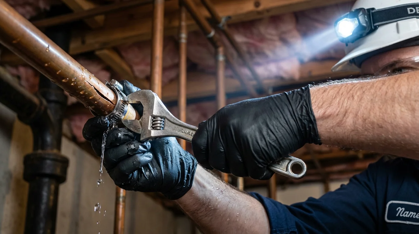 Emergency pipe clamp repair being performed by a Johns Plumbing LLC plumber in Westville