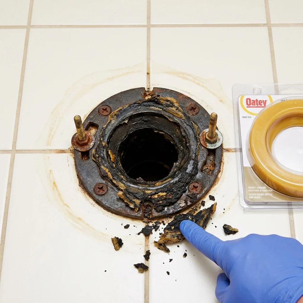 Failed wax ring showing water seepage at the base of a toilet in a Westville, IL home