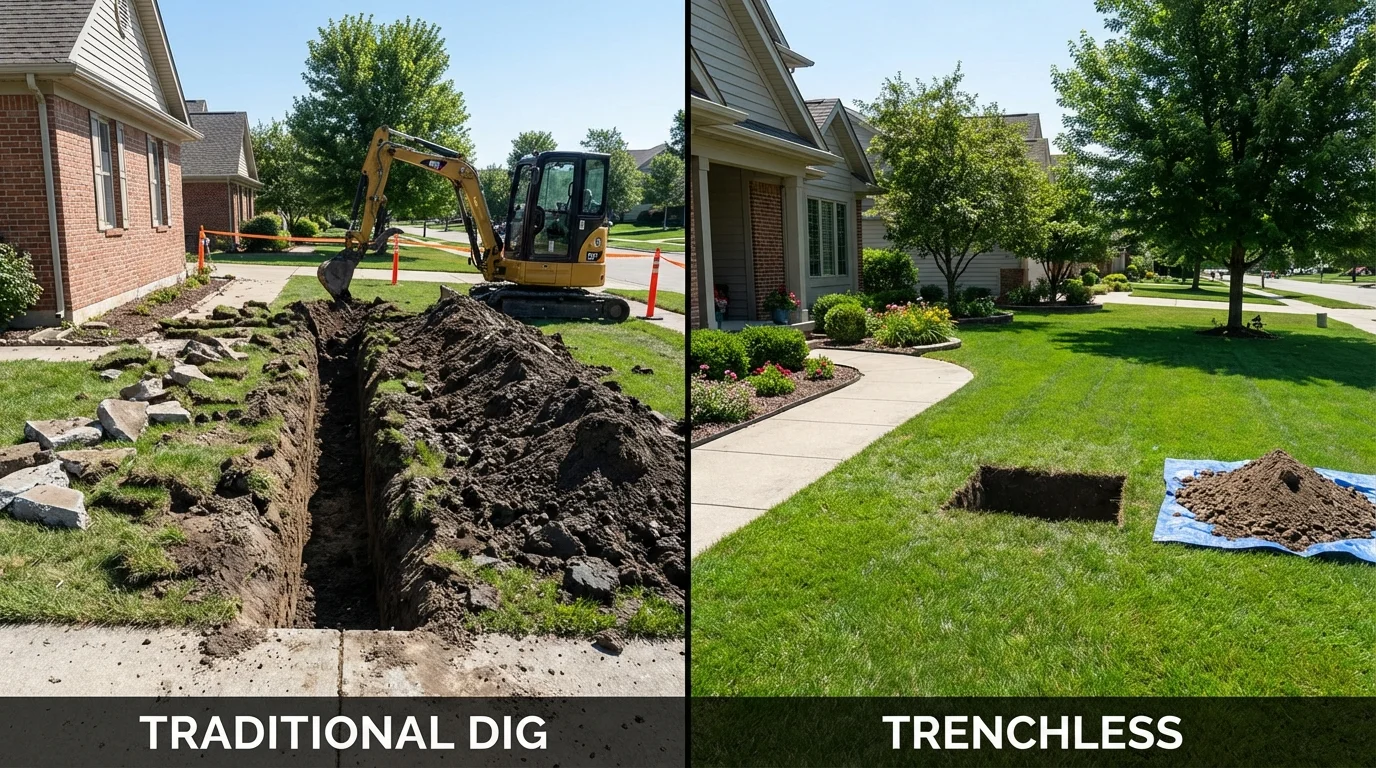 Trenchless sewer repair with minimal yard damage versus traditional excavation in Westville, IL