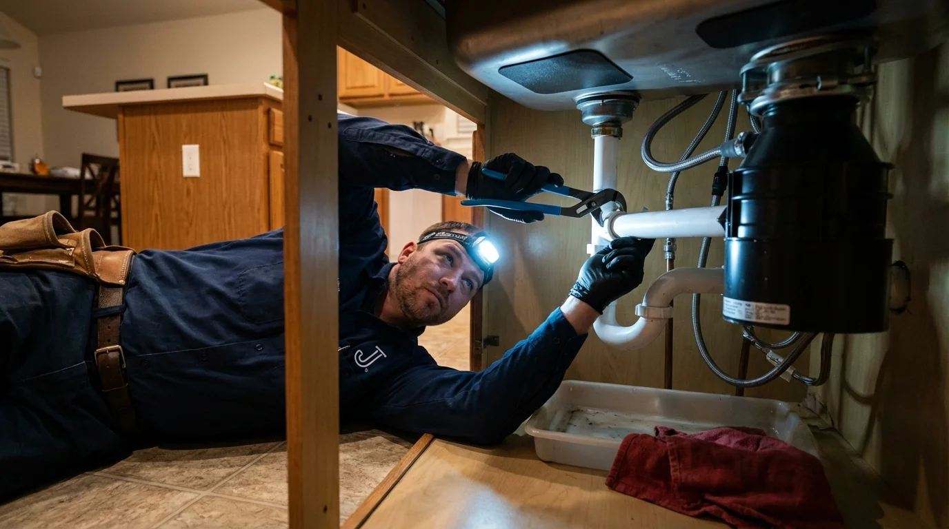 P-trap and supply line connections under a kitchen sink showing a common leak point in Westville, IL